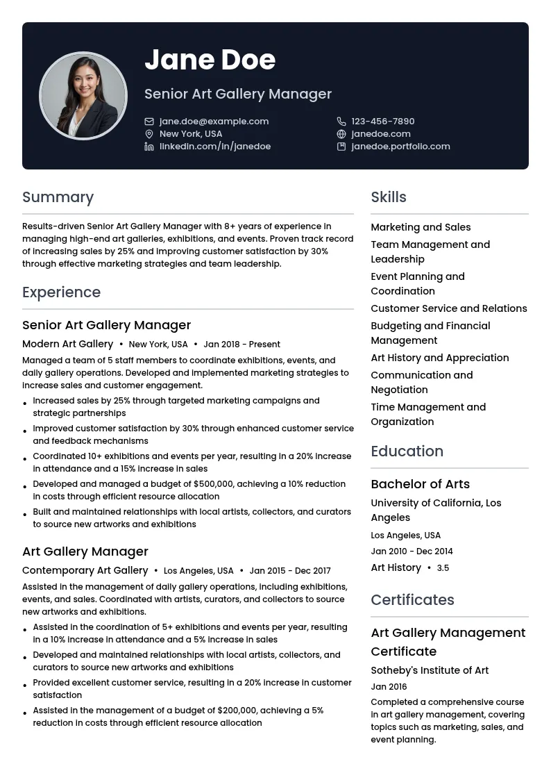 Senior Art Gallery Manager resume example