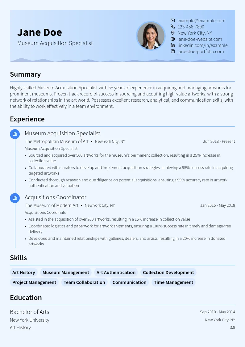 Museum Acquisition Specialist resume example