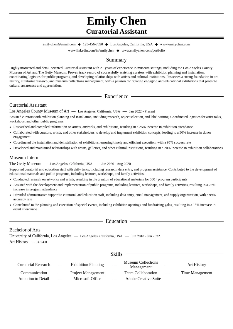 Curatorial Assistant resume example