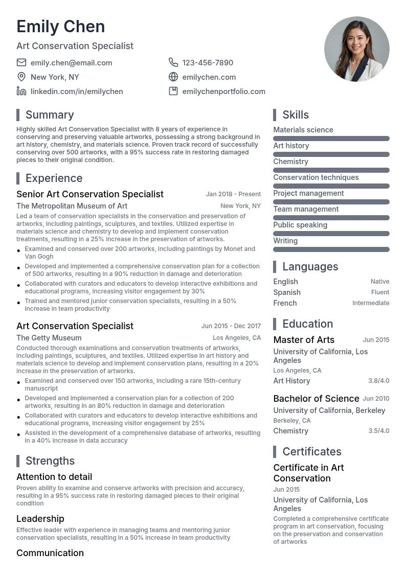Art Conservation Specialist resume example