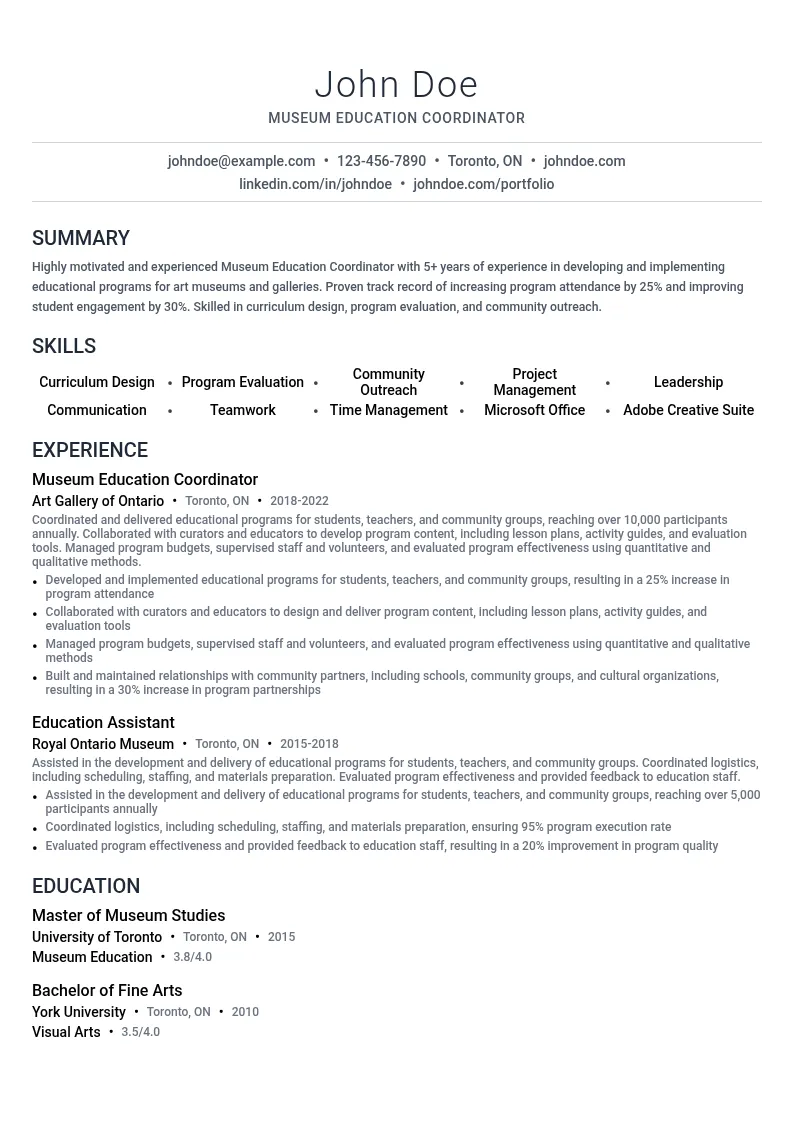 Museum Education Coordinator resume example