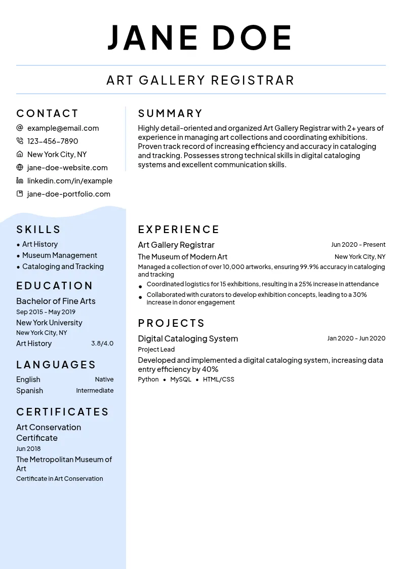 Art Gallery Registrar resume example