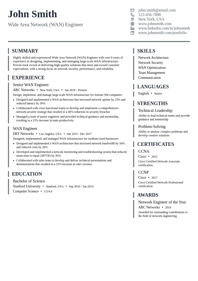 Wide Area Network (WAN) Engineer resume example