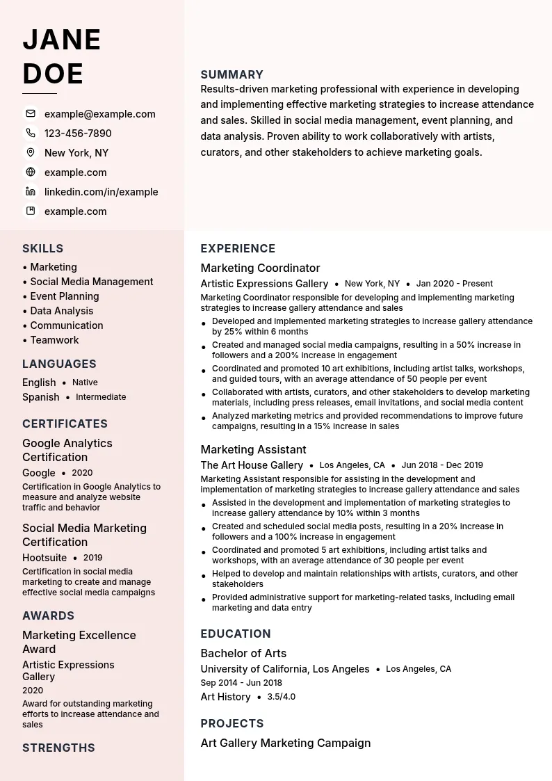 Art Gallery Marketing Coordinator resume example