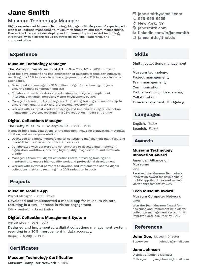 Museum Technology Manager resume example
