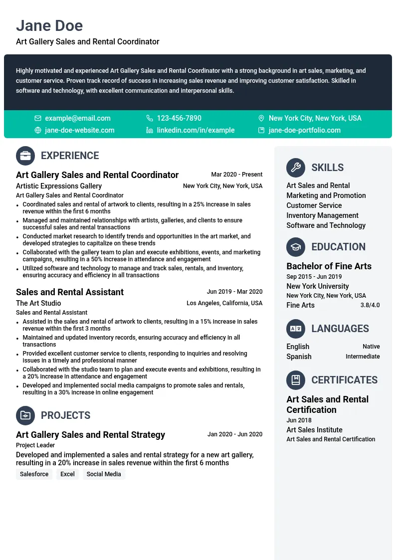 Art Gallery Sales and Rental Coordinator resume example