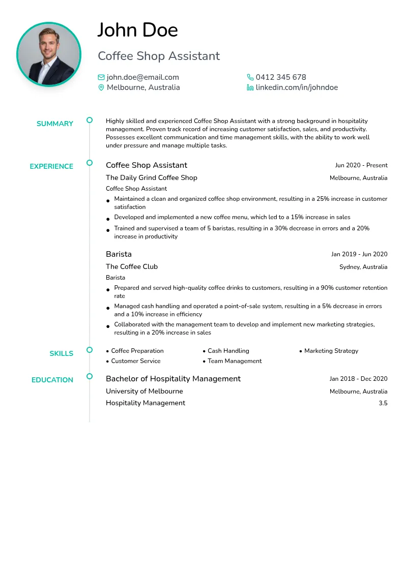 Coffee Shop Assistant resume example