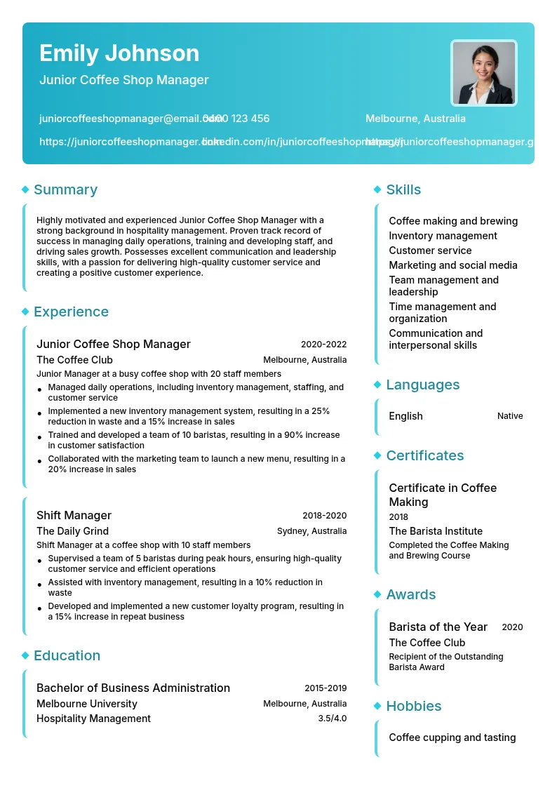 Junior Coffee Shop Manager resume example