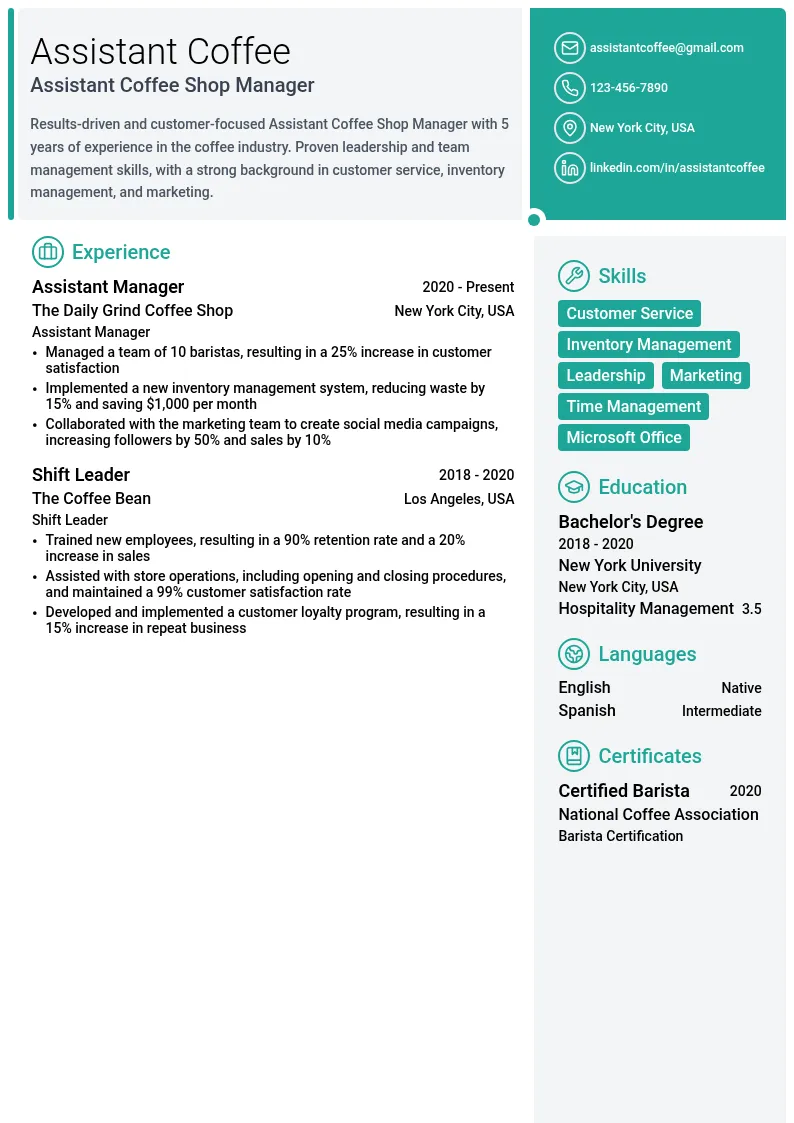 assistant Coffee Shop Manager resume example