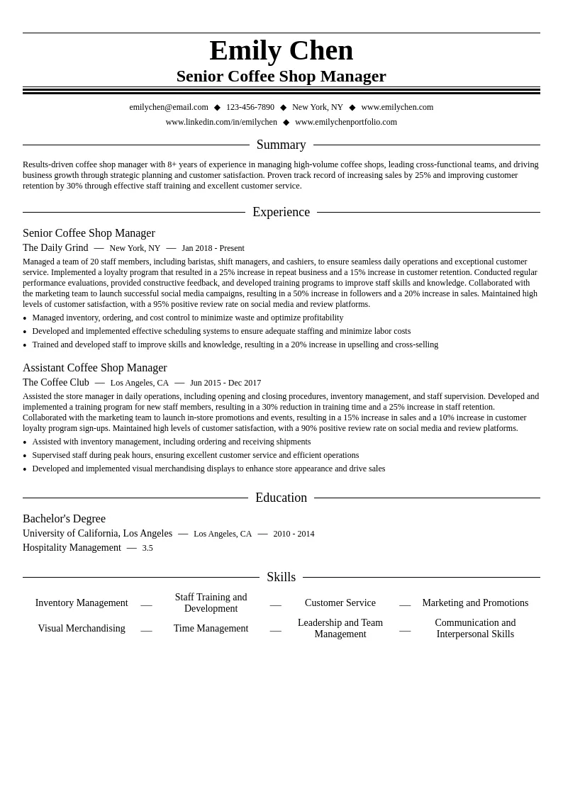 Senior Coffee Shop Manager resume example
