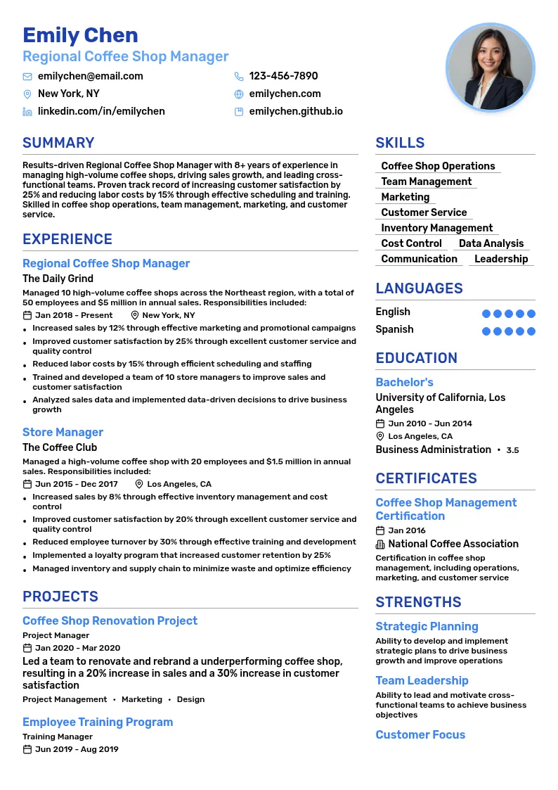 Regional Coffee Shop Manager resume example