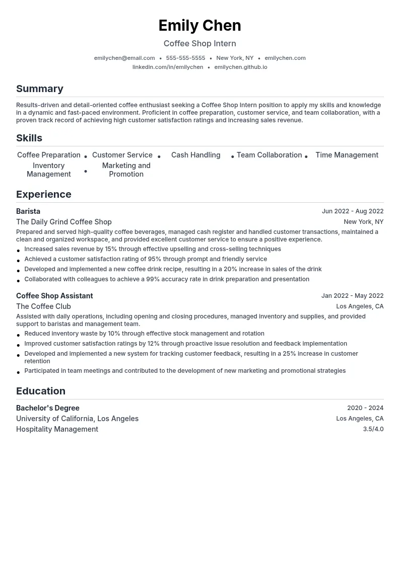 Coffee Shop Intern resume example
