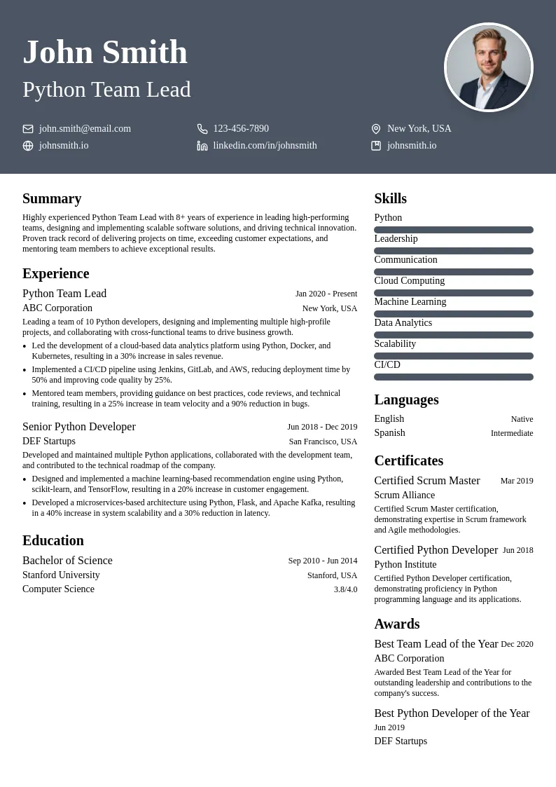 Python Team Lead resume example