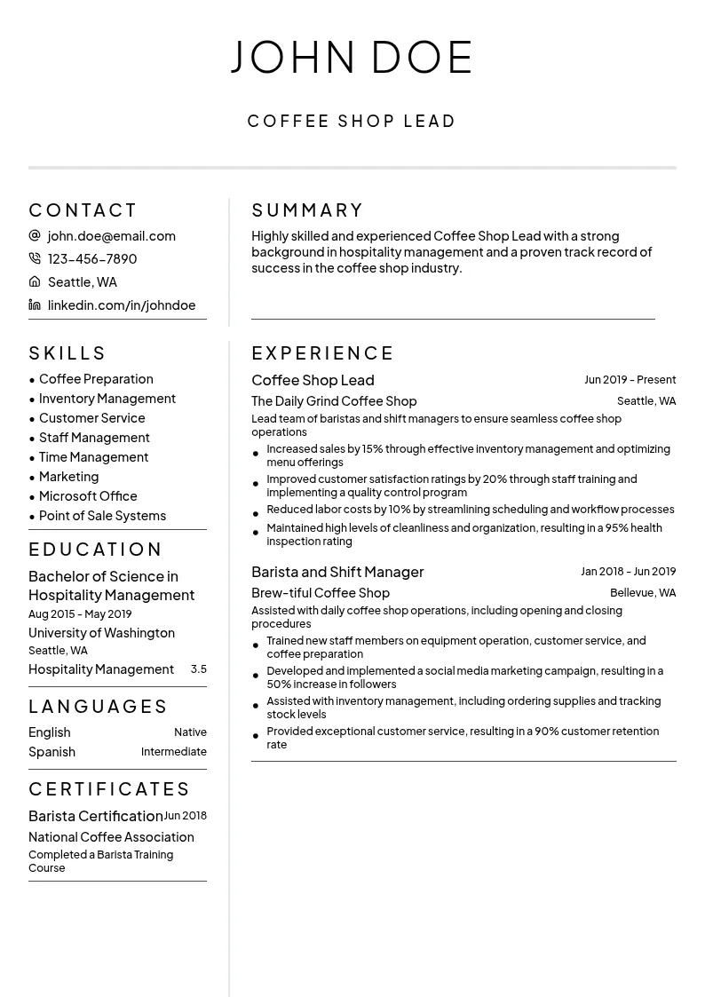 Coffee Shop Lead resume example