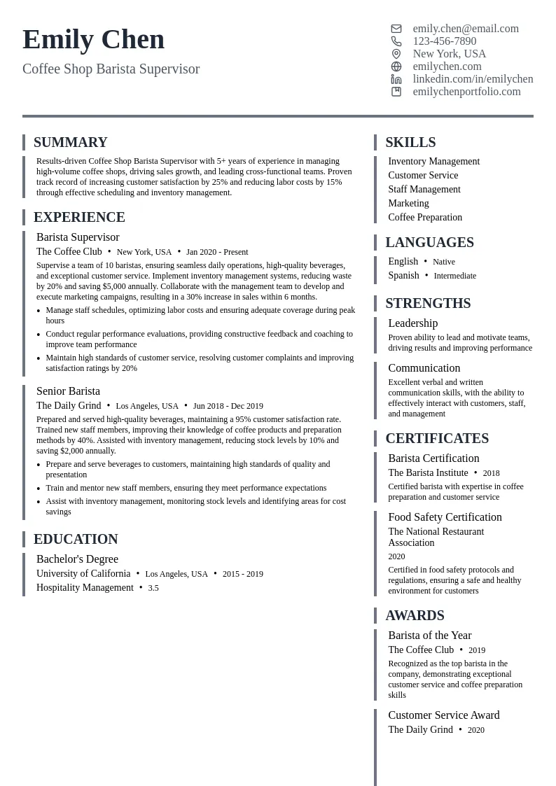 Coffee Shop Barista Supervisor resume example