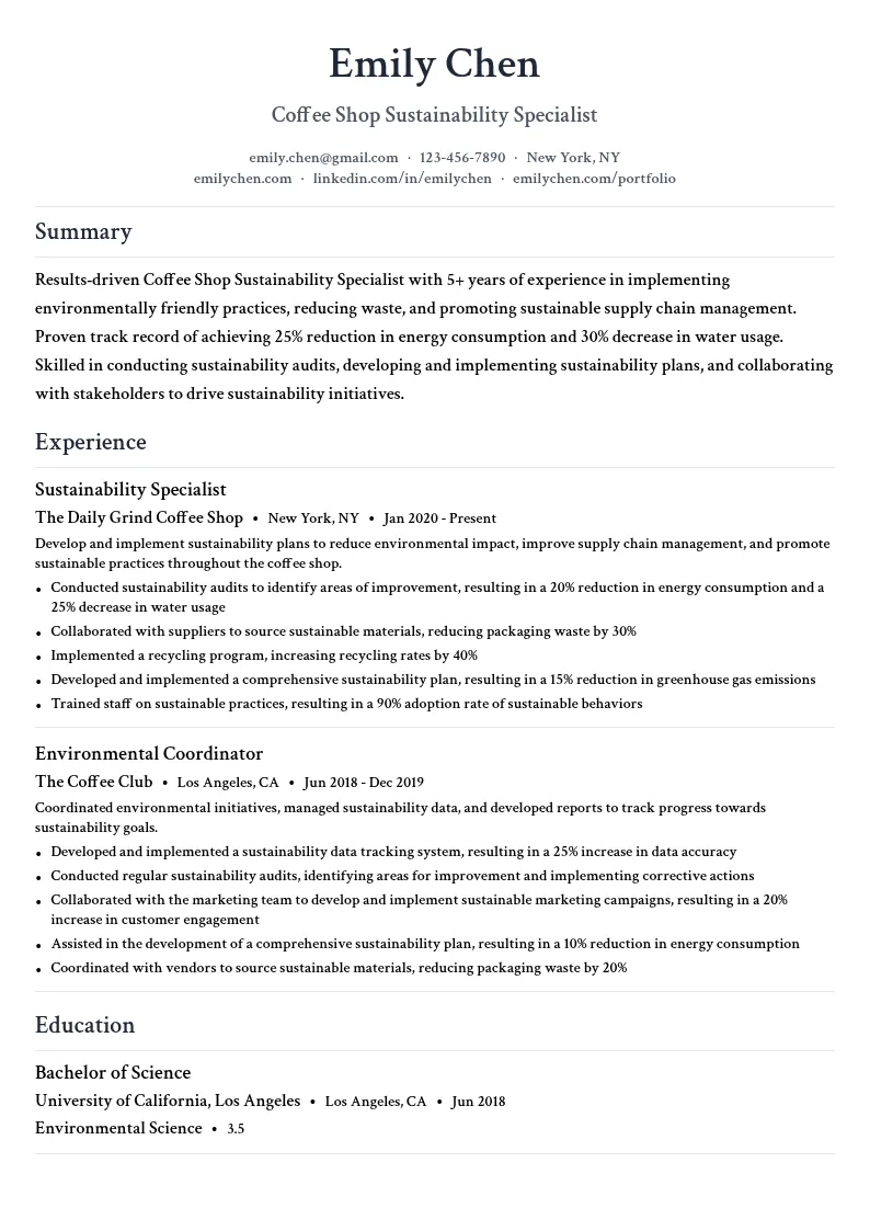 Coffee Shop Sustainability Specialist resume example