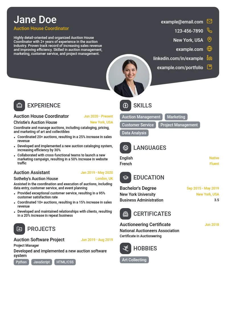 Auction House Coordinator resume example