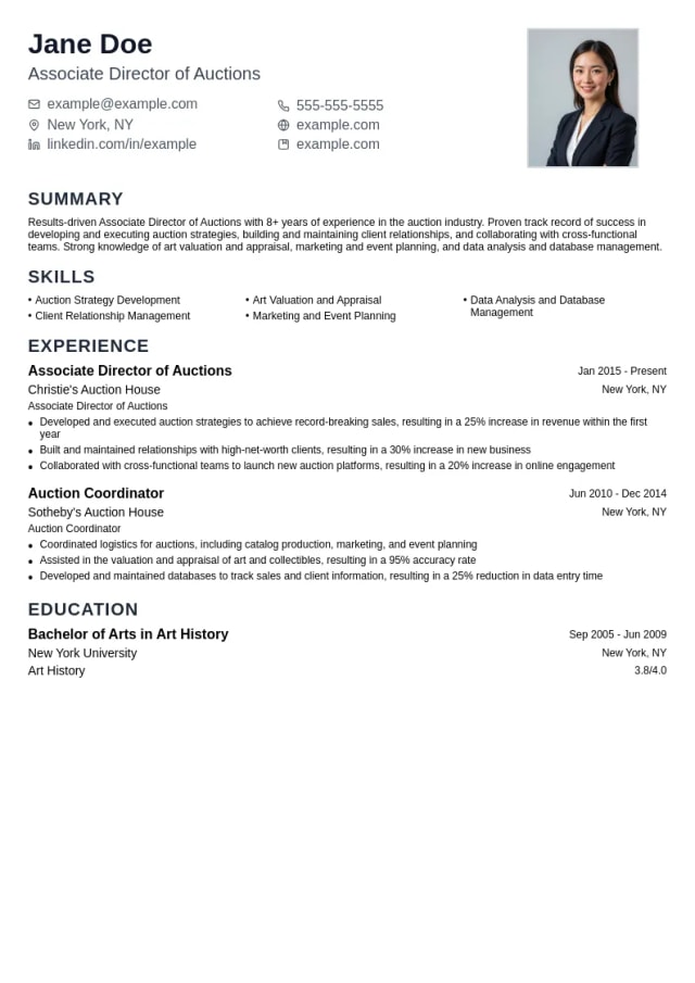 Associate Director of Auctions resume example