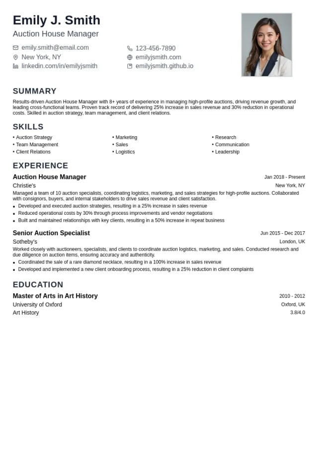 Specialized Roles for Auction House Manager resume example