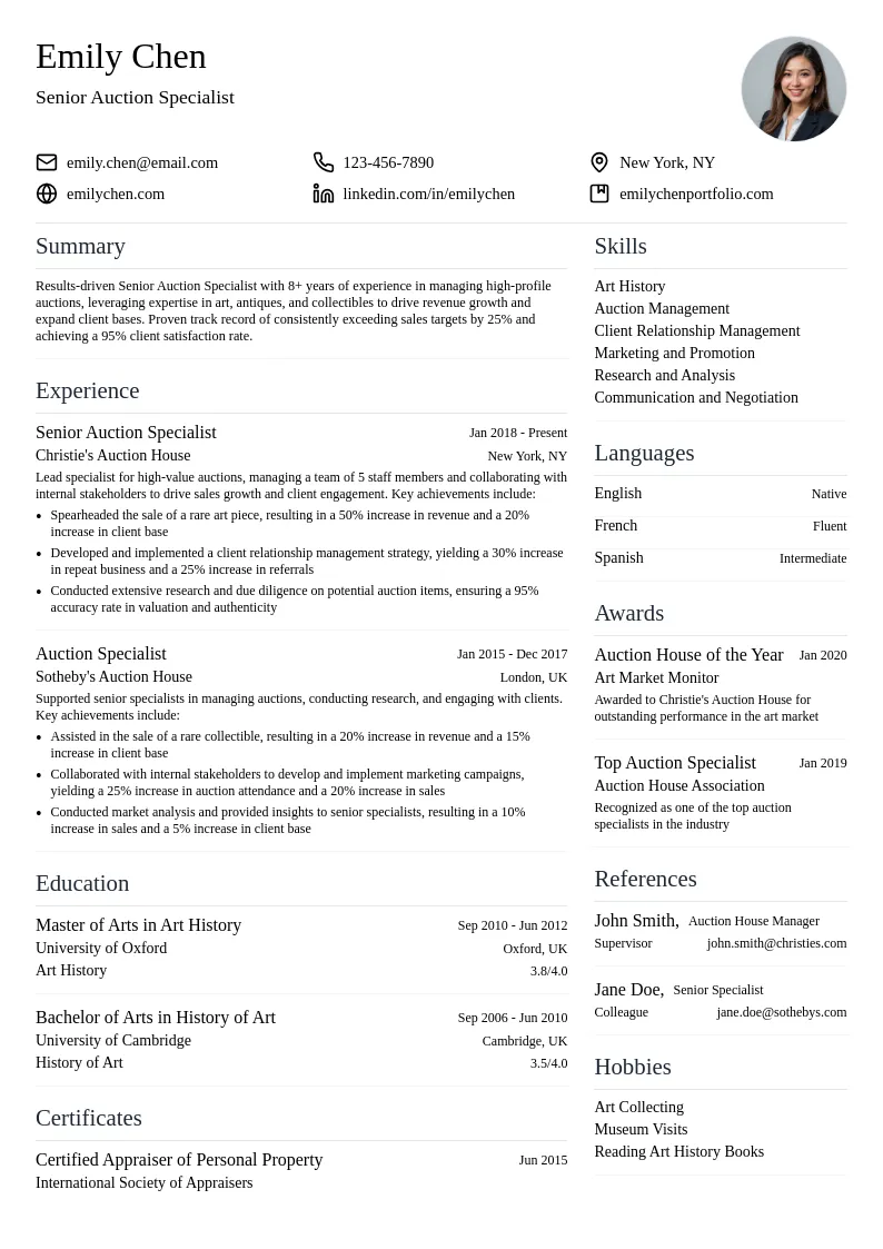Senior Auction Specialist resume example