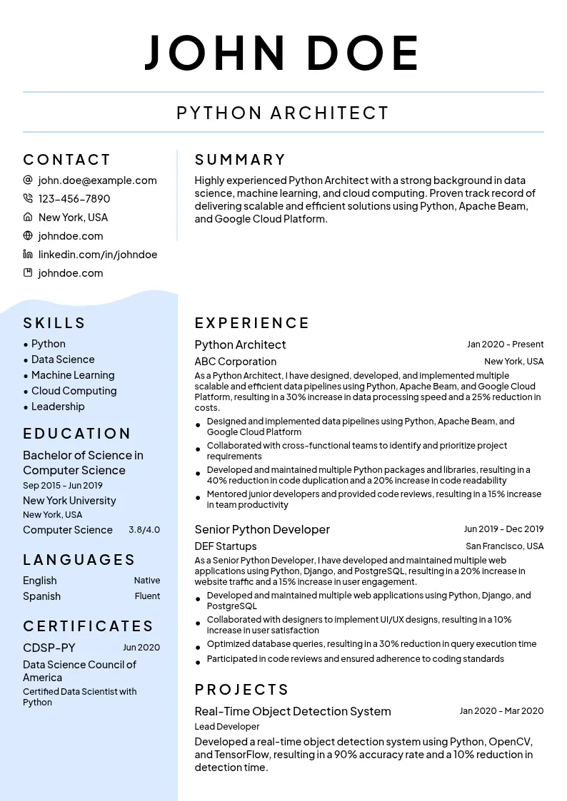 Python Architect resume example