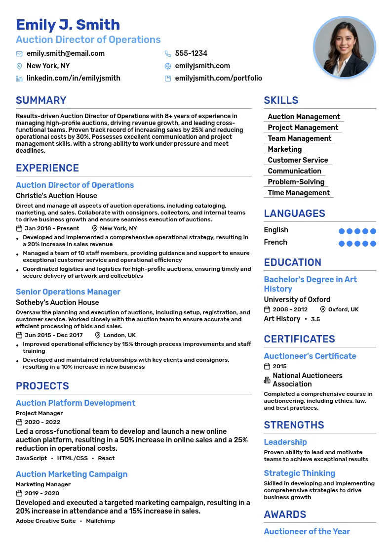 Auction Director of Operations resume example
