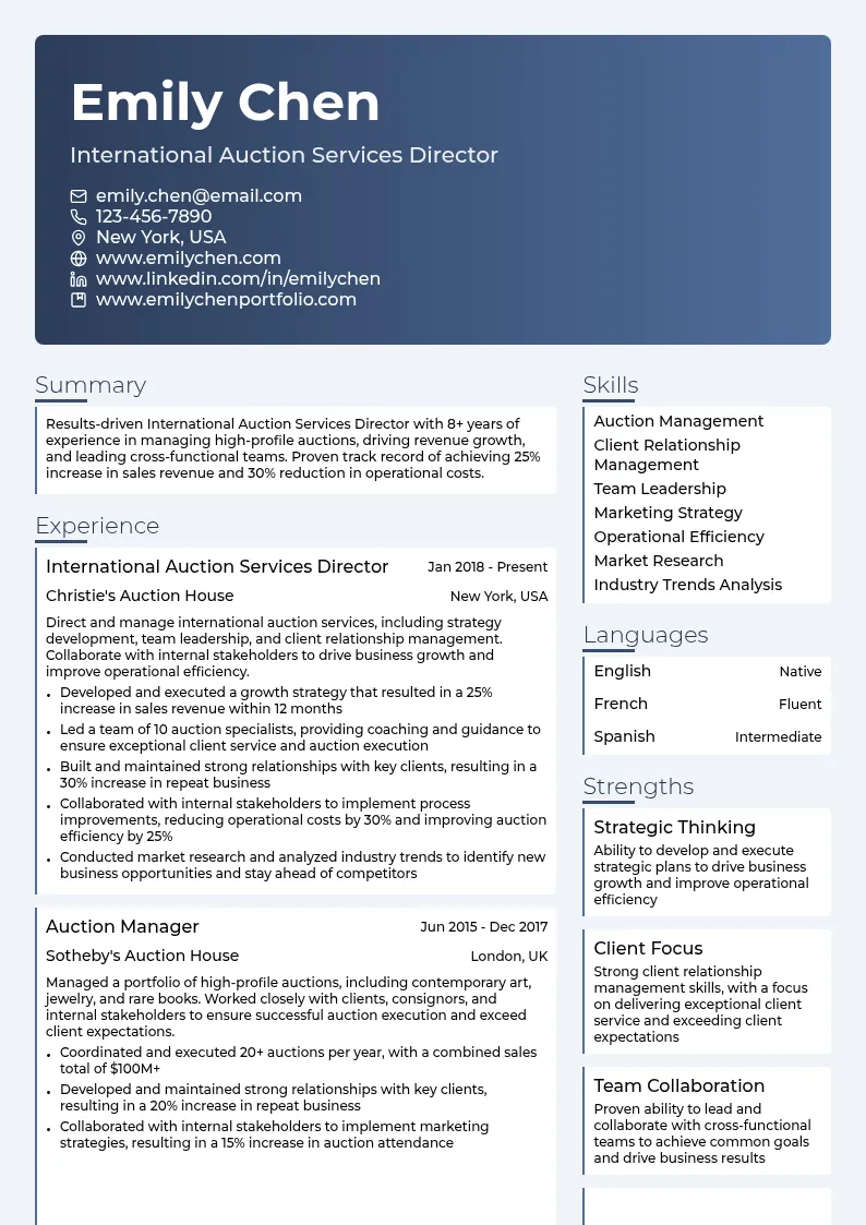 International Auction Services Director resume example