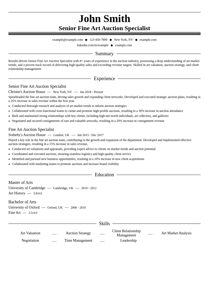 Senior Fine Art Auction Specialist resume example