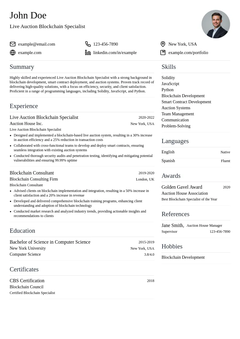 Live Auction Blockchain Specialist resume example
