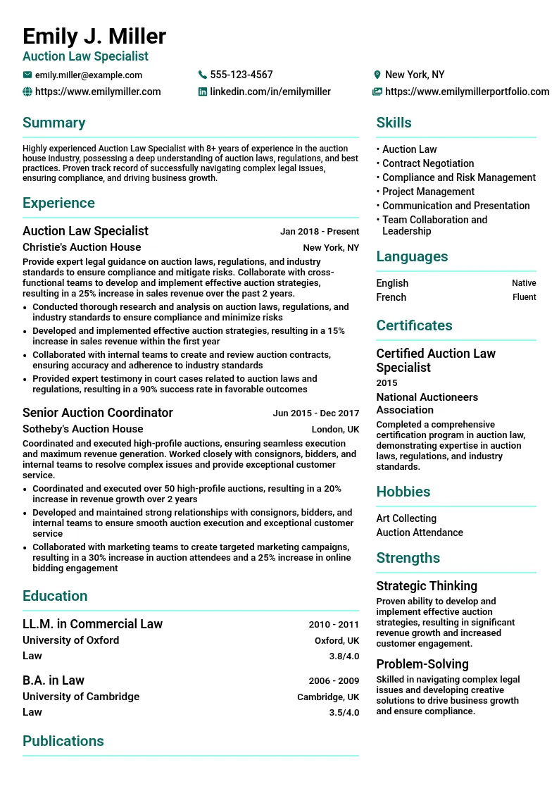 Auction Law Specialist resume example