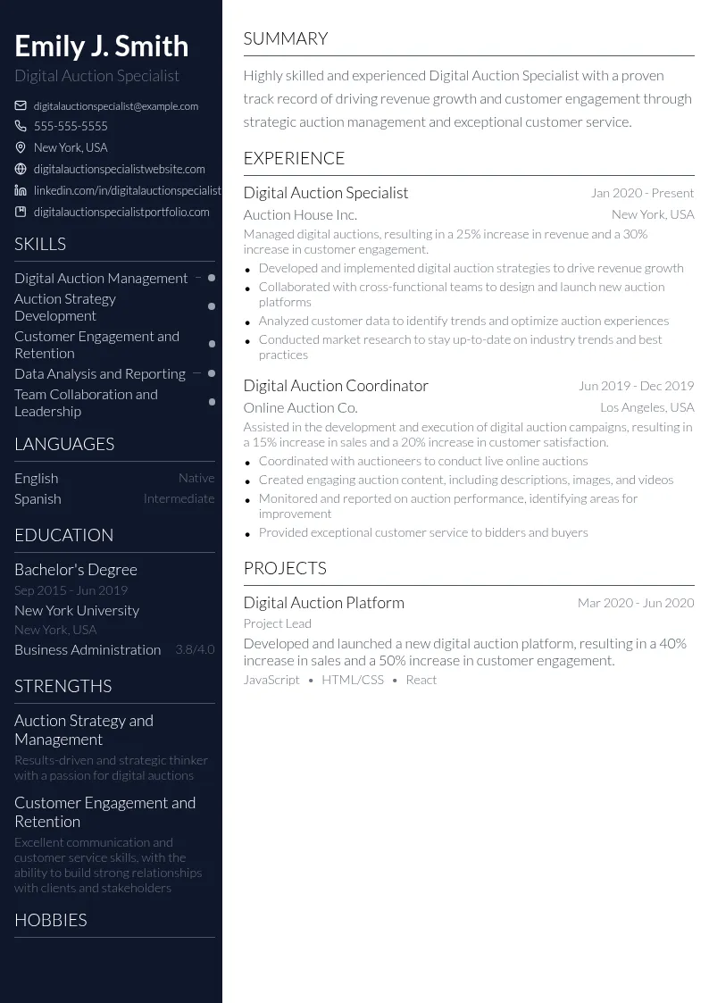 Digital Auction Specialist resume example