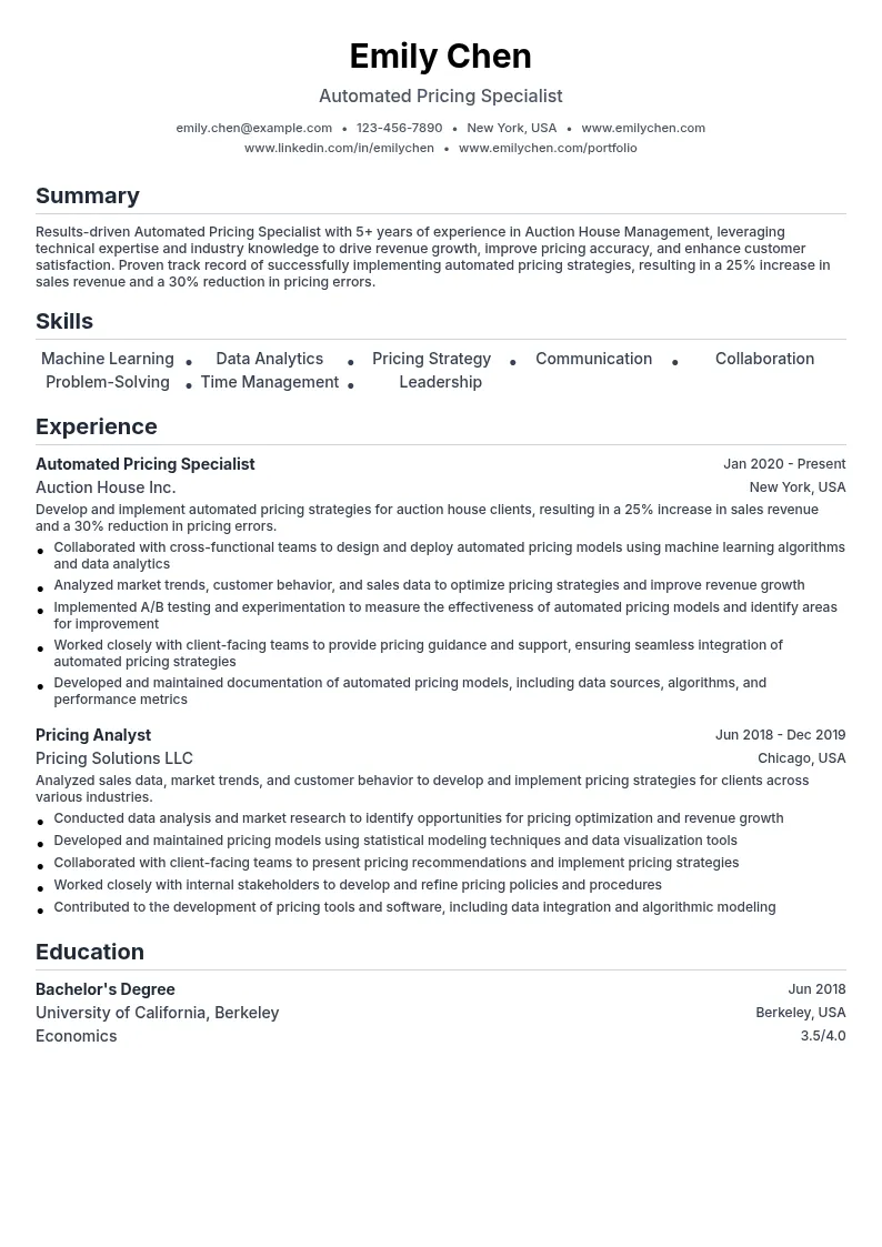 Automated Pricing Specialist resume example