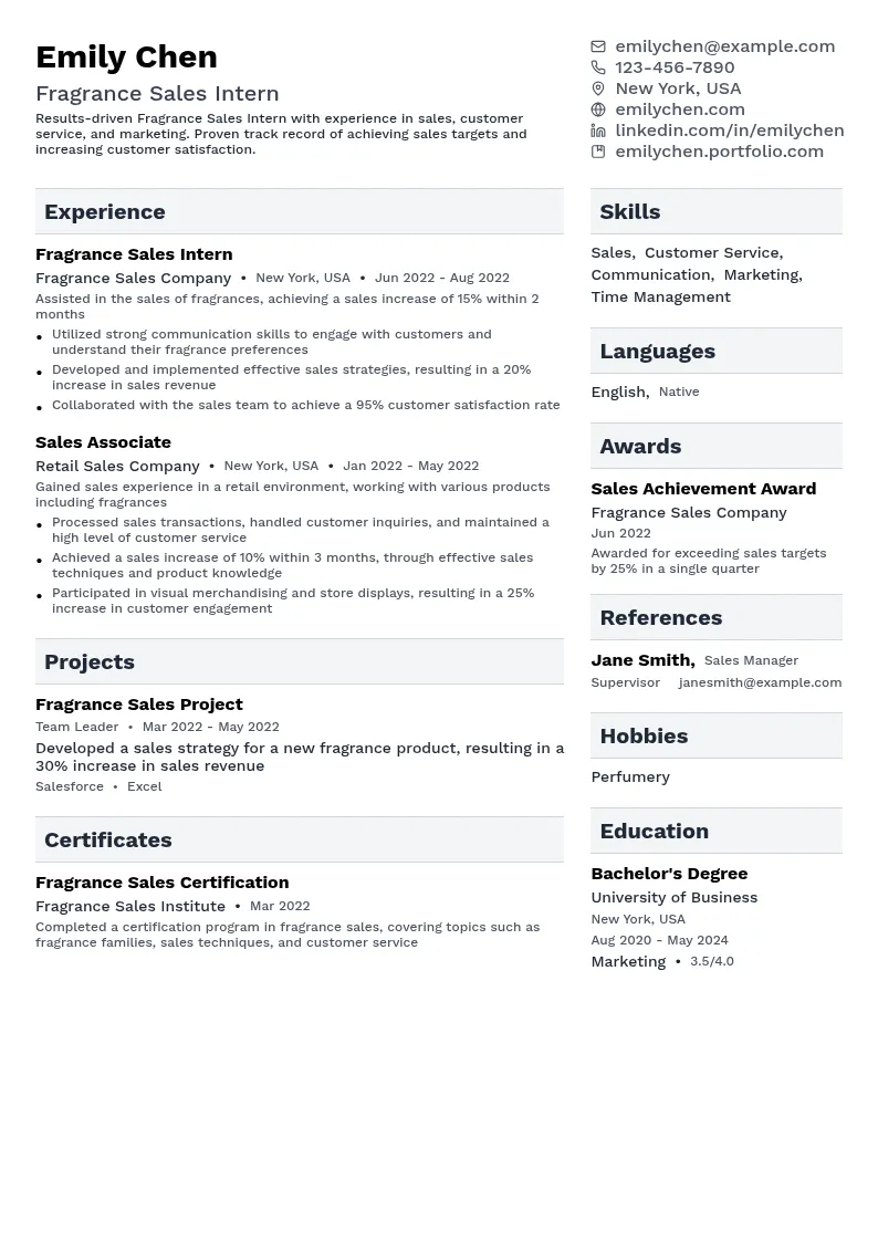 Fragrance Sales Intern resume example