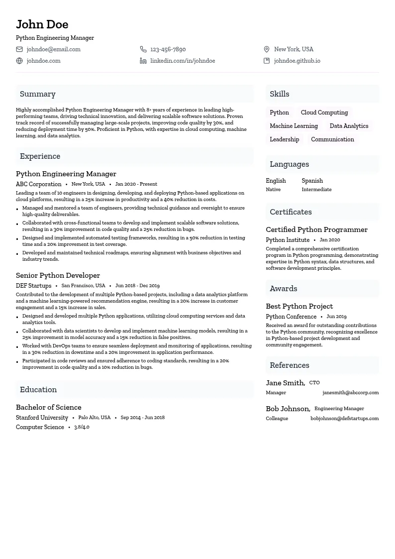 Python Engineering Manager resume example
