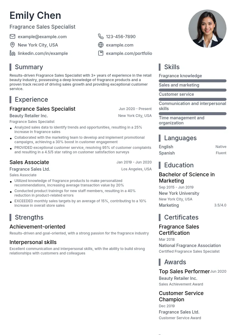 Fragrance Sales Specialist - Retail Beauty resume example