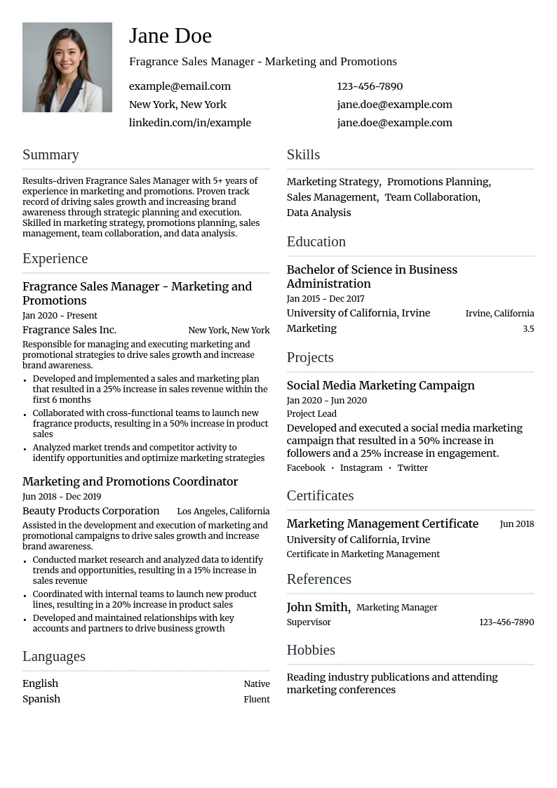 Fragrance Sales Manager - Marketing and Promotions resume example