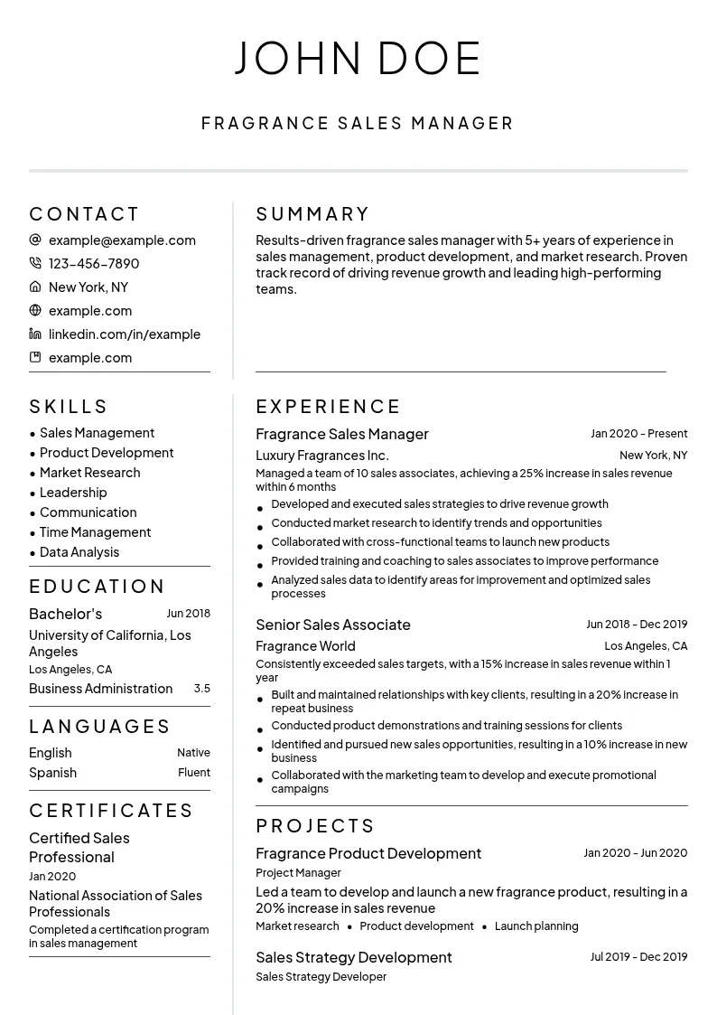 Fragrance Sales Manager - Product Development resume example