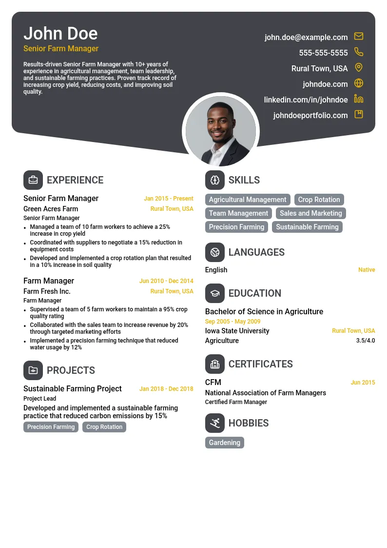 Senior Farm Manager resume example