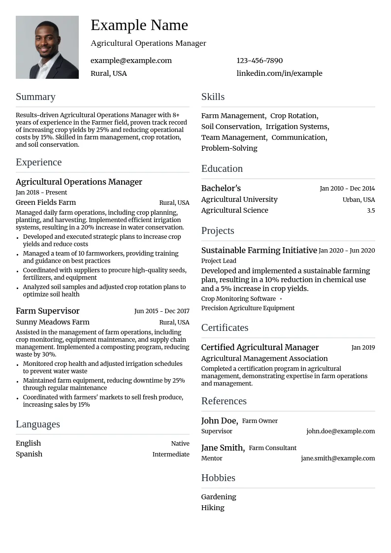 Agricultural Operations Manager resume example