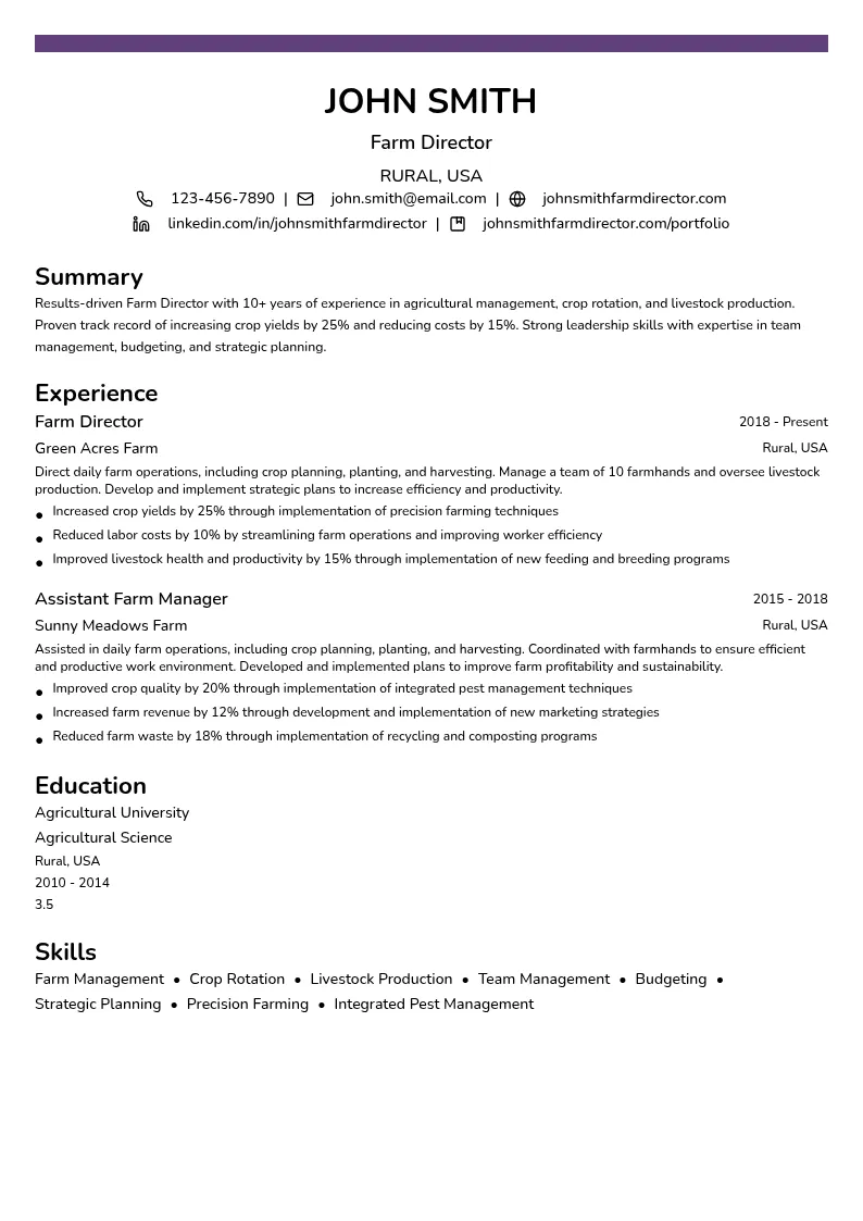 Farm Director resume example