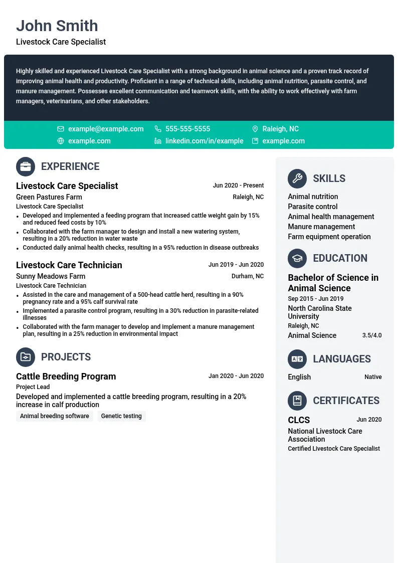 Livestock Care Specialist resume example