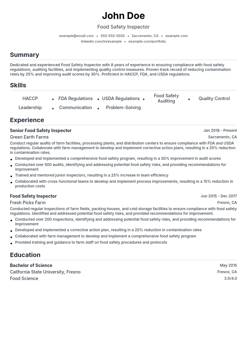 Food Safety Inspector resume example
