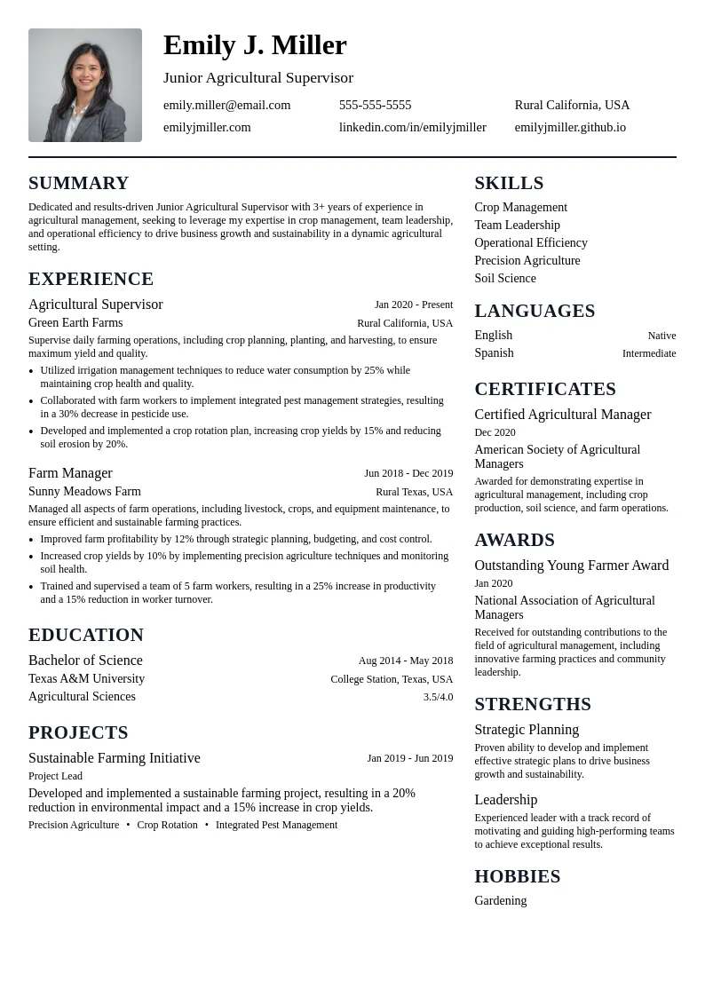 Junior Agricultural Supervisor resume example