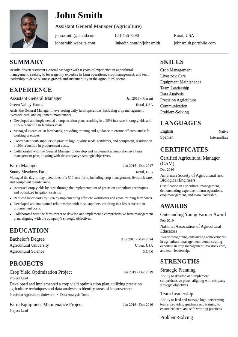 Assistant General Manager (Agriculture) resume example
