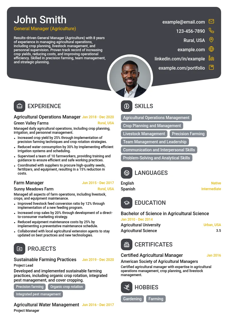 General Manager (Agriculture) resume example