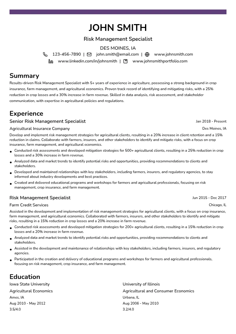Risk Management Specialist (Agriculture) resume example