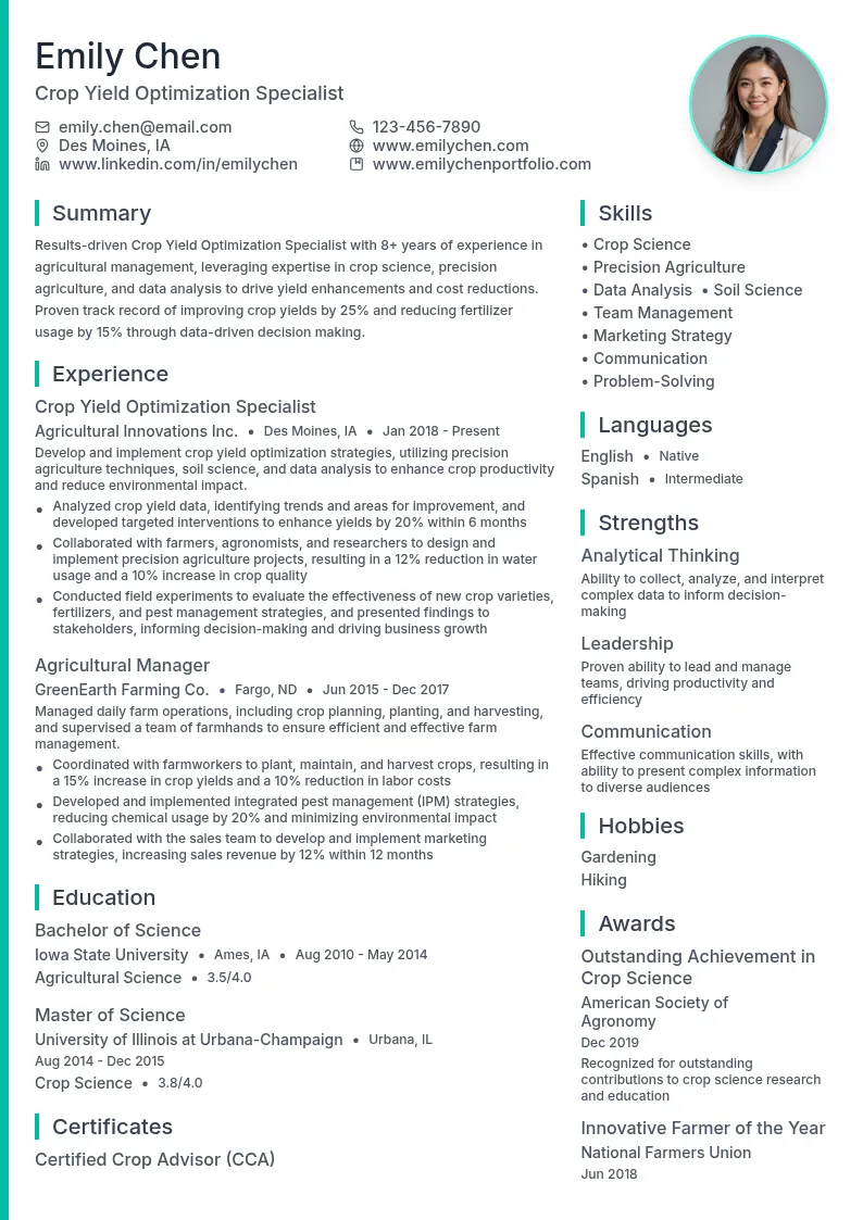 Crop Yield Optimization Specialist resume example