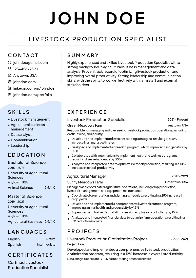 Livestock Production Specialist resume example