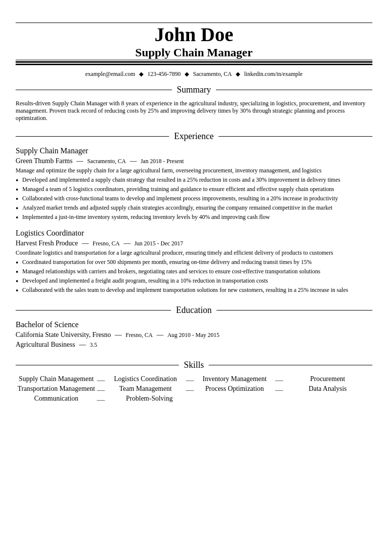 Supply Chain Manager (Agriculture) resume example