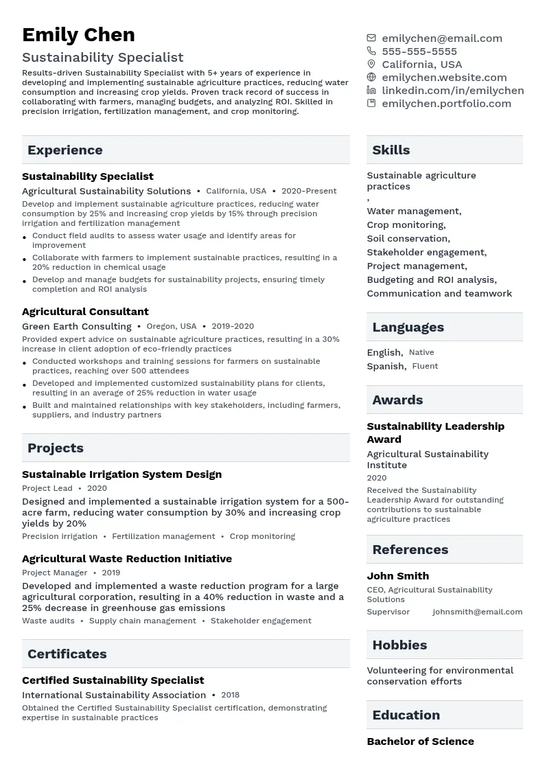 Sustainability Specialist (Agriculture and Water Management) resume example